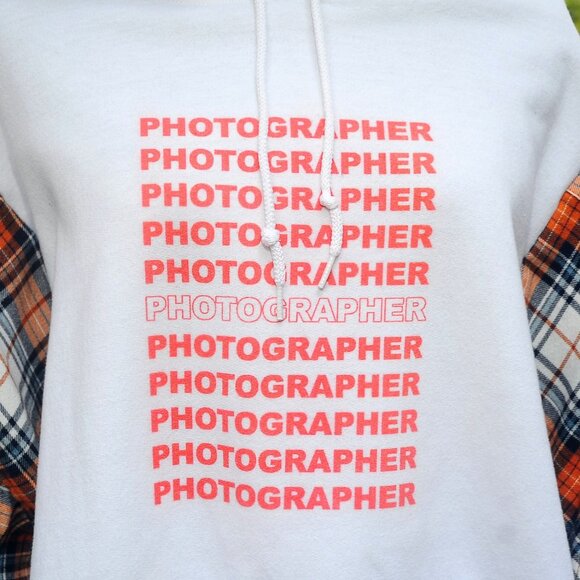 PHOTOGRAPHER Preme Upcycled Reconstructed Hoodie Sweatshirt XL Plaid Sleeves - Picture 2 of 10